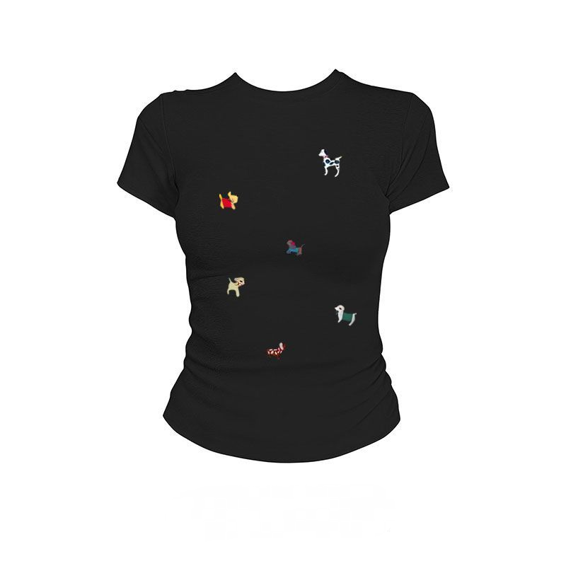 純棉短袖T恤 美式復古 標準肩線 合身顯瘦 小狗印花卡通圖案