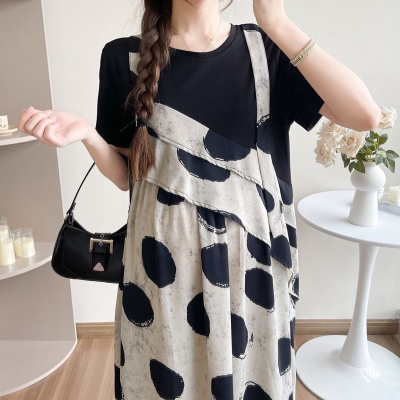 波點拼接假兩件短袖洋裝 寬鬆造型款