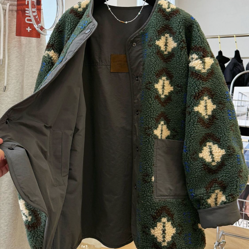 雙面穿撞色羊羔絨風外套 復古中長版 保暖設計