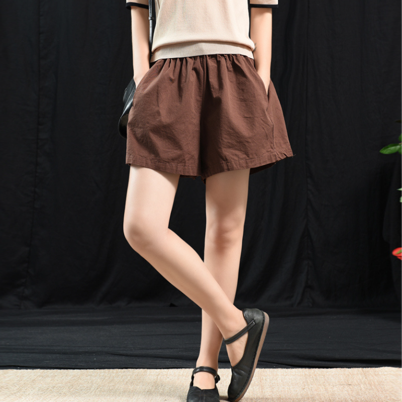 復古文藝寬鬆短褲 棉質鬆緊腰 百搭寬鬆休閒款