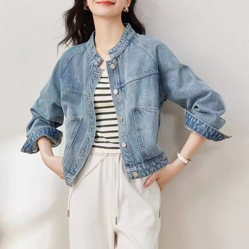 復古水洗牛仔短外套 立領顯高小個子長袖上衣