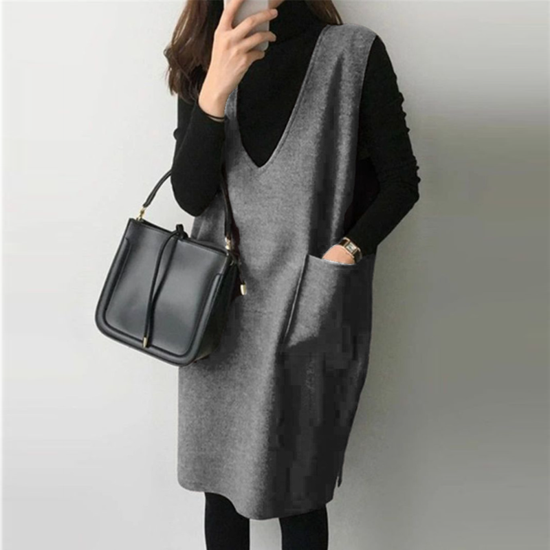 7色毛呢料背心 中長款素色寬鬆無袖連身裙