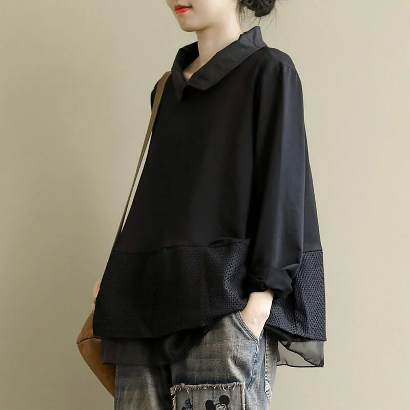 簡約．拼接蕾絲長袖上衣 寬鬆套頭襯衫