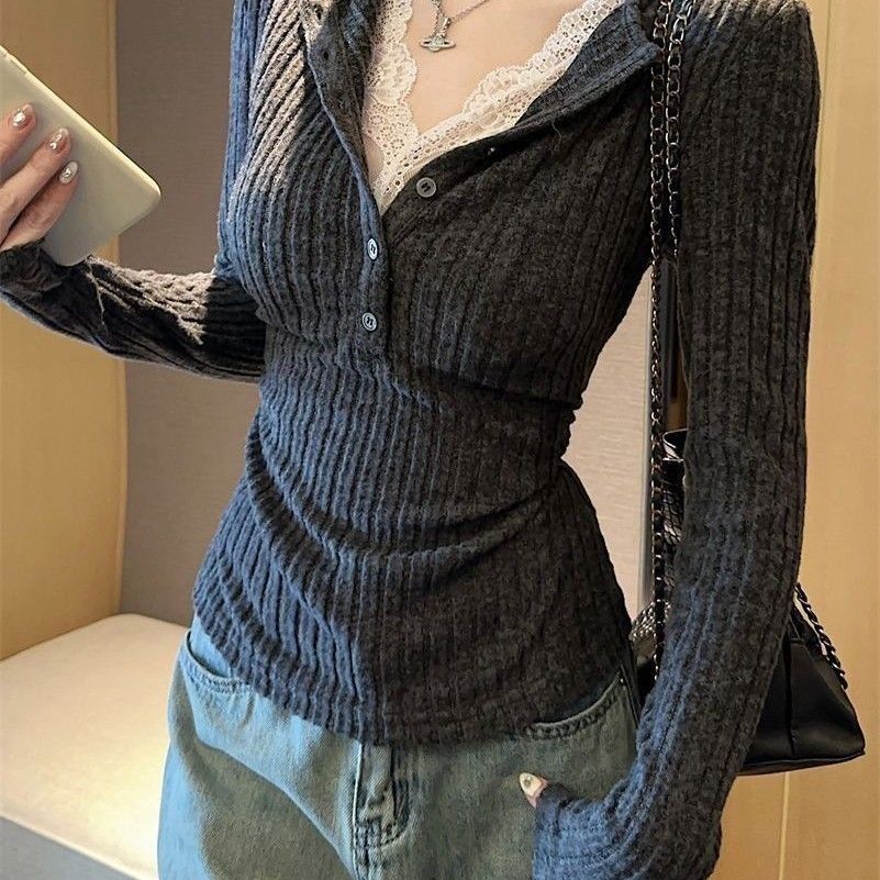 假兩件蕾絲拼接針織上衣 坑條羅紋 秋冬收腰修身長袖打底款