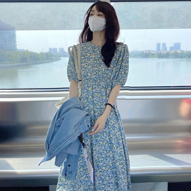 溫柔毆膩浪漫出遊·泡泡袖碎花連身長裙 甜美顯瘦法式氣質洋裝