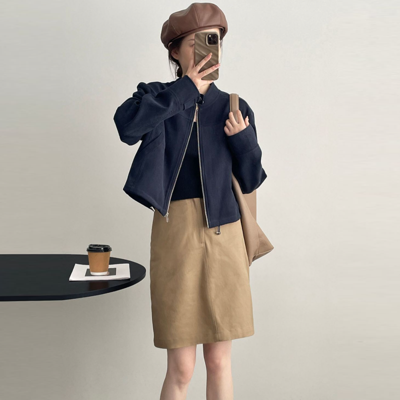 美式復古立領短版夾克 拉鍊門襟 釦帶設計 挺版有型外套