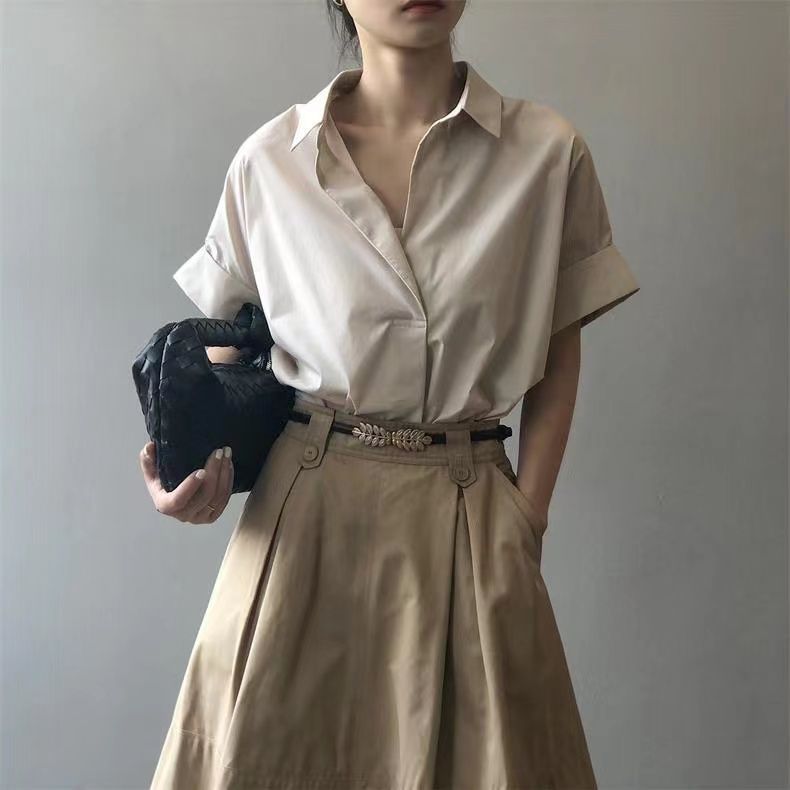 復古夏日V領 蝙蝠袖 通勤顯瘦寬鬆氣質襯衫