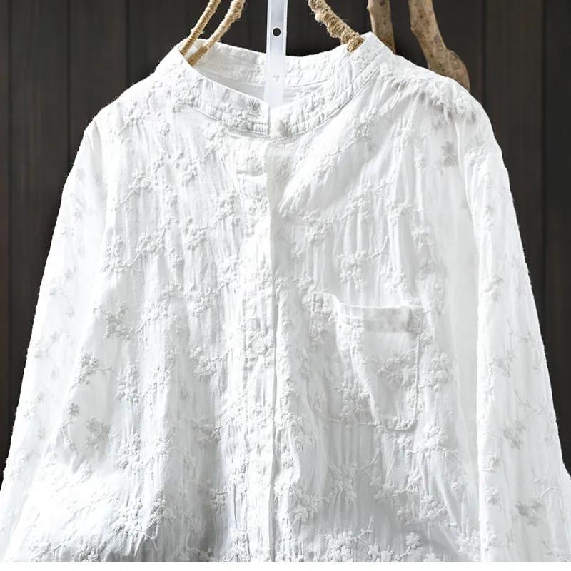 純棉刺繡提花立領襯衫 法式優雅寬版上衣 透氣親膚長袖白襯衫 休閒穿搭學院風顯瘦