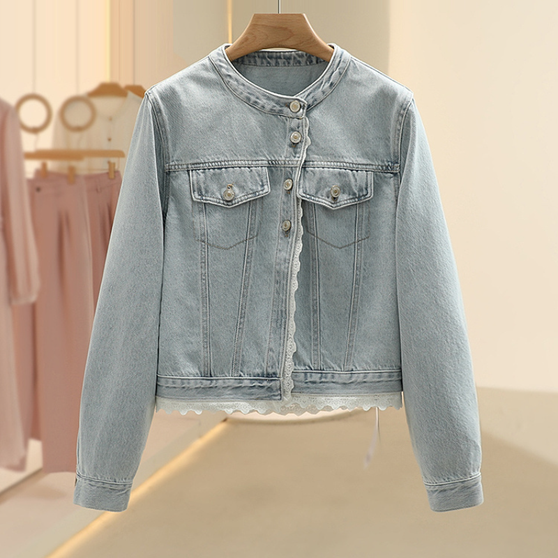 蕾絲花邊拼接牛仔外套 復古水洗短版 韓系休閒款