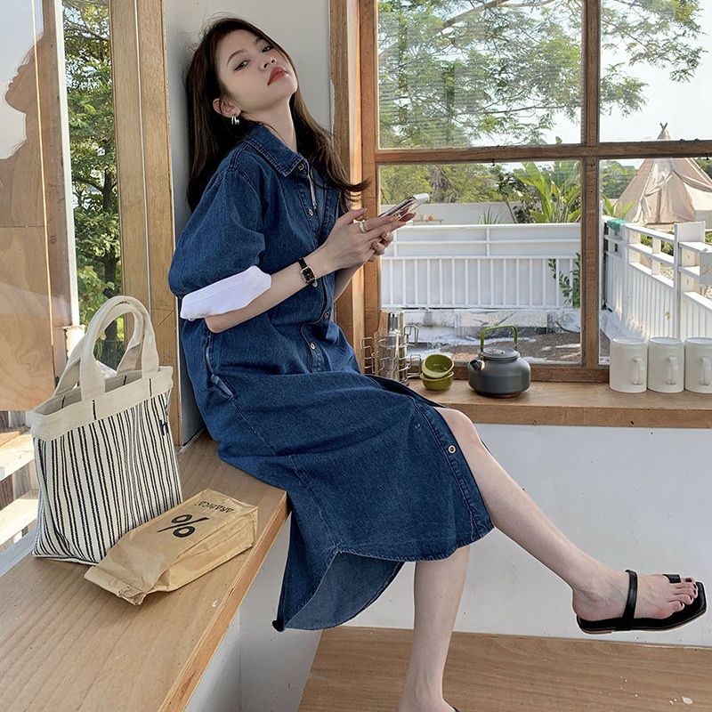 復古牛仔襯衫洋裝 中長版 翻領口袋 寬鬆顯瘦 清爽極簡
