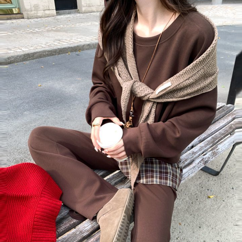 兩件式休閒套裝 長袖上衣＋高腰寬褲（拼接設計）