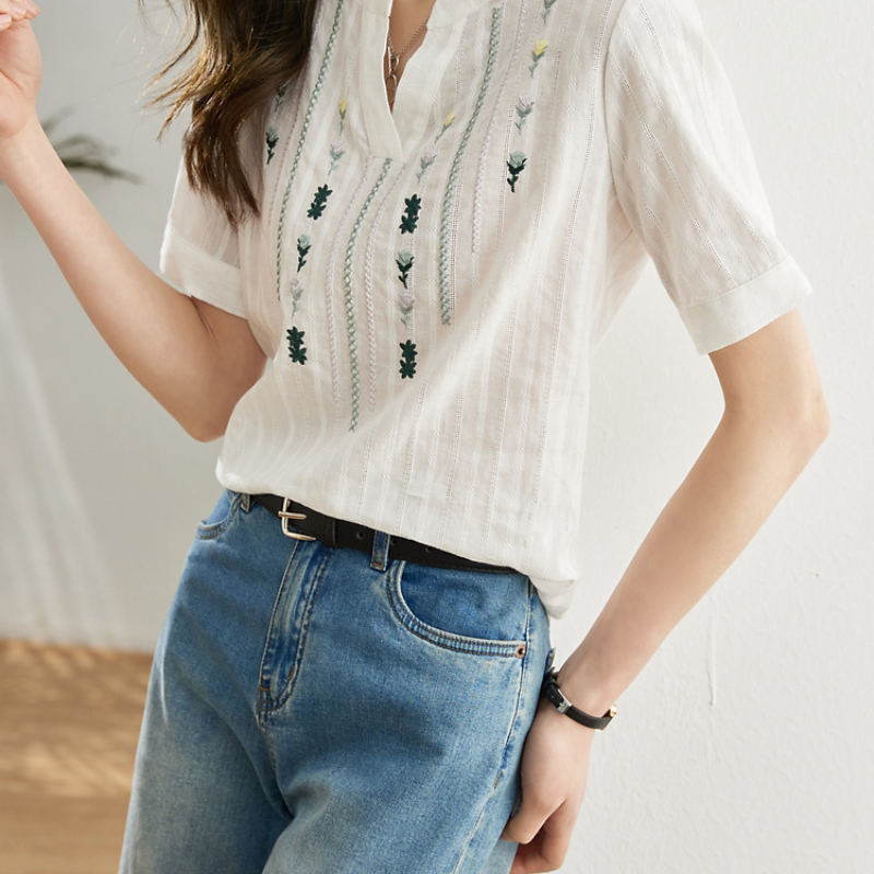 簡約純棉刺繡白色襯衫 百搭短袖寬鬆民族風V領上衣