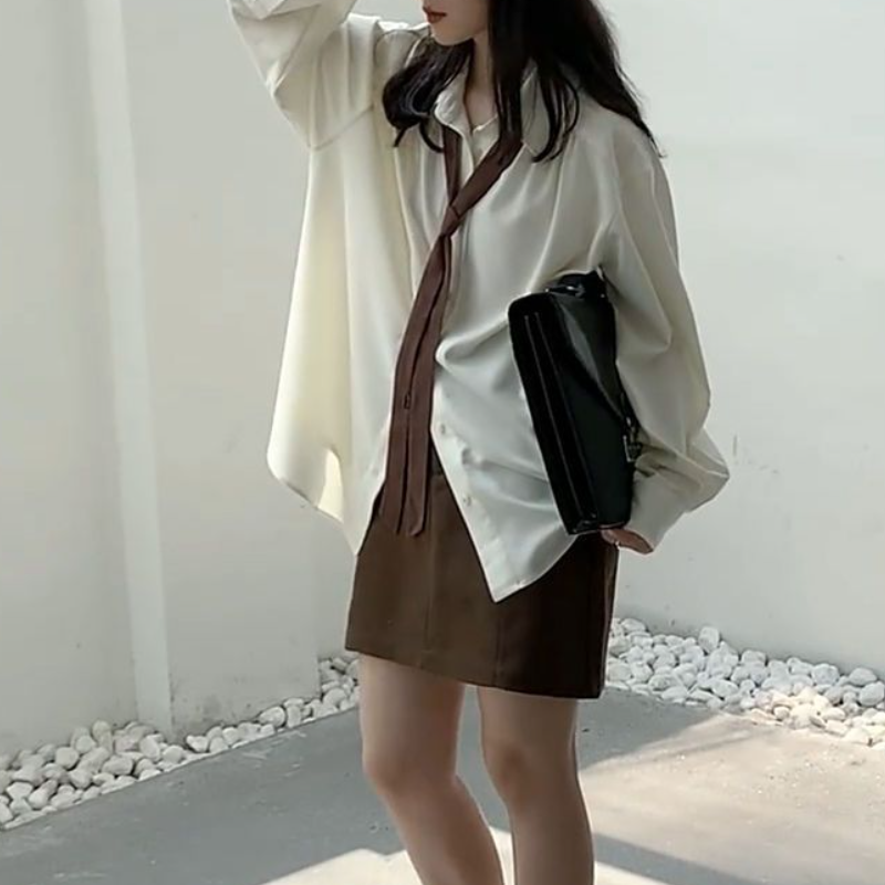 韓國春夏慵懶風寬鬆版型襯衫 小眾領帶設計（配領帶）