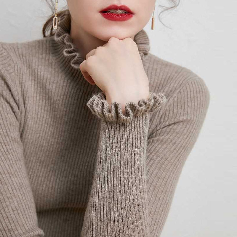 木耳花邊領長袖針織毛衣女 超顯瘦百搭款 保暖半高領毛衣
