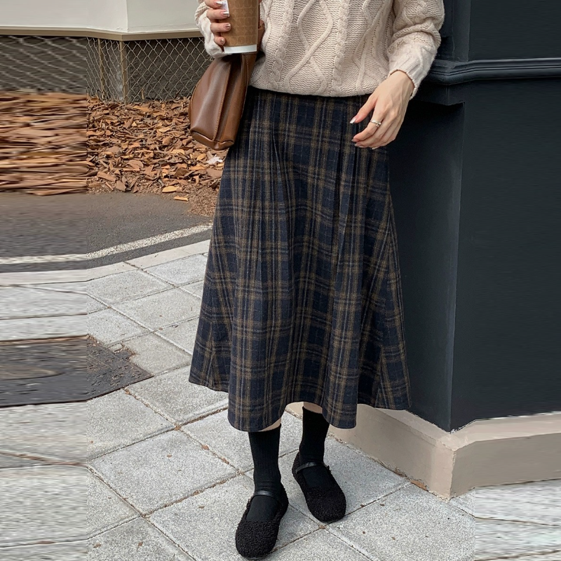 復古格紋毛呢中長裙 高腰A字傘裙 寬鬆顯瘦 修飾臀胯 秋冬百搭