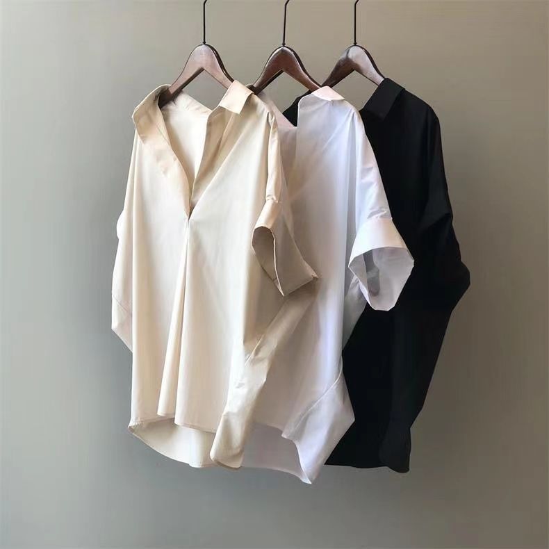 復古夏日V領 蝙蝠袖 通勤顯瘦寬鬆氣質襯衫