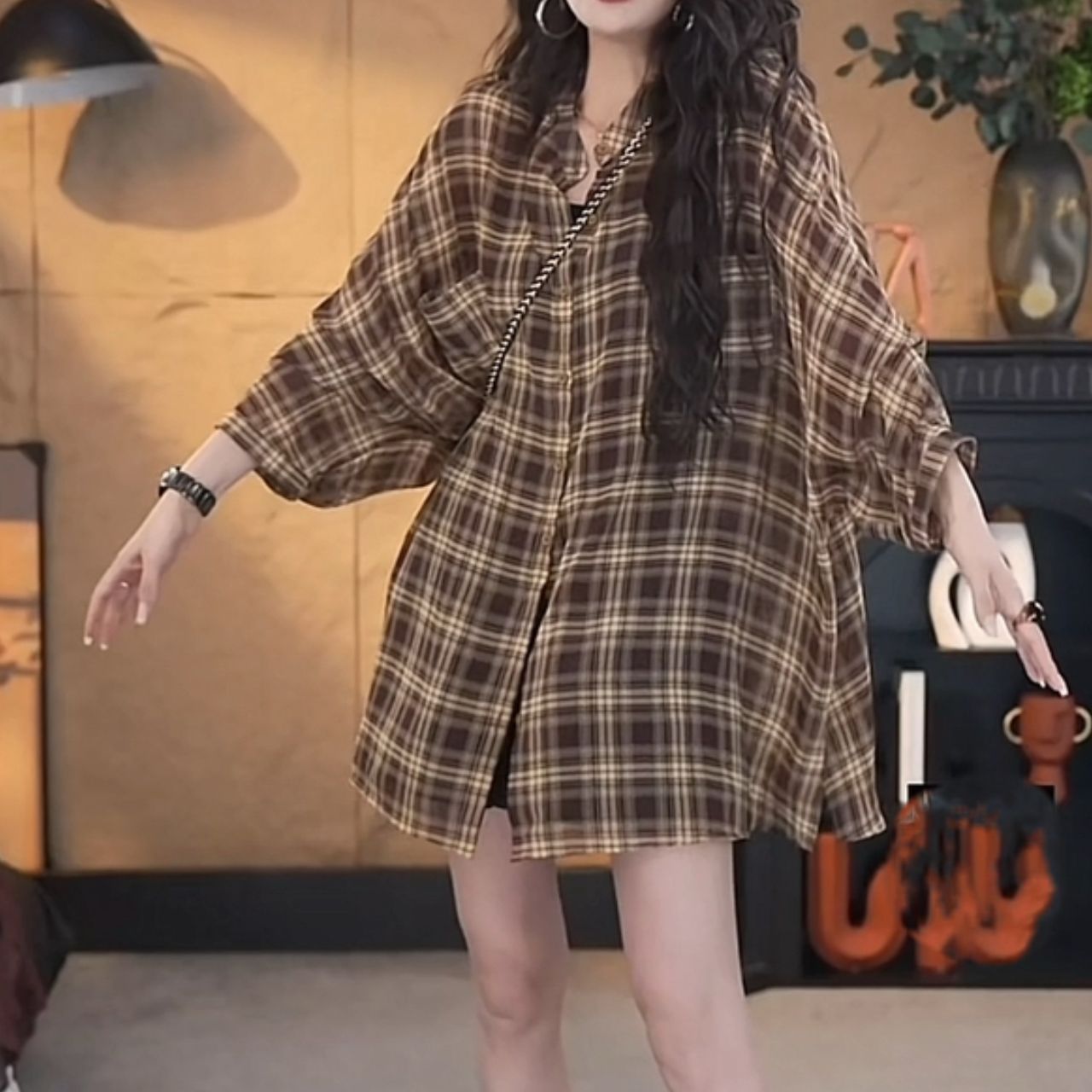 復古格紋寬鬆防曬襯衫外套 七分袖長版休閒款