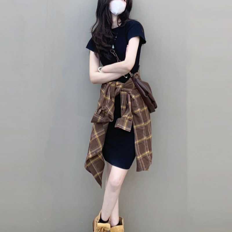 【單品可選】春夏韓版高級感顯瘦溫柔風 格紋襯衫+連身裙套裝