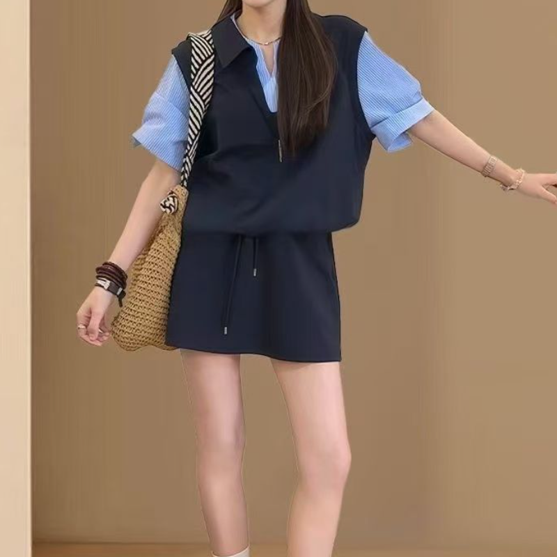 韓系假兩件套裝 夏季拼接短袖翻領上衣＋半身裙整套穿搭 新款流行