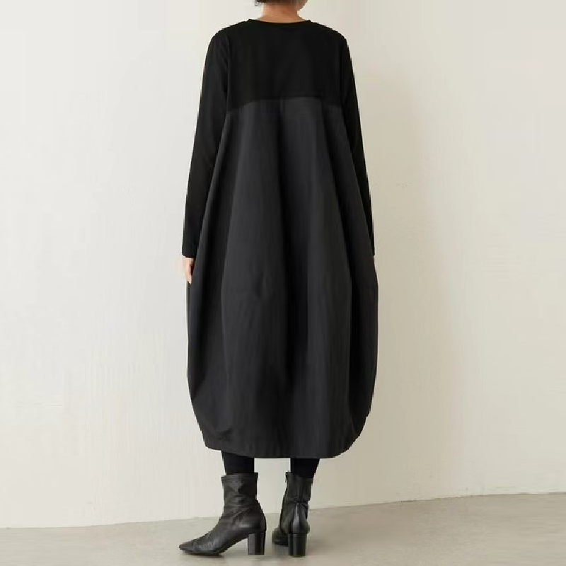 秋冬日韓系樂天圓領長袖針織拼接長款洋裝