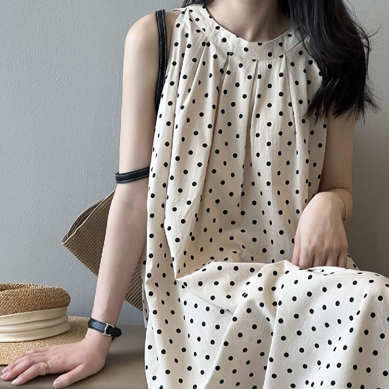 夏季波點棉麻連身裙 慵懶渡假茶歇法式吊帶裙A字裙無袖長洋