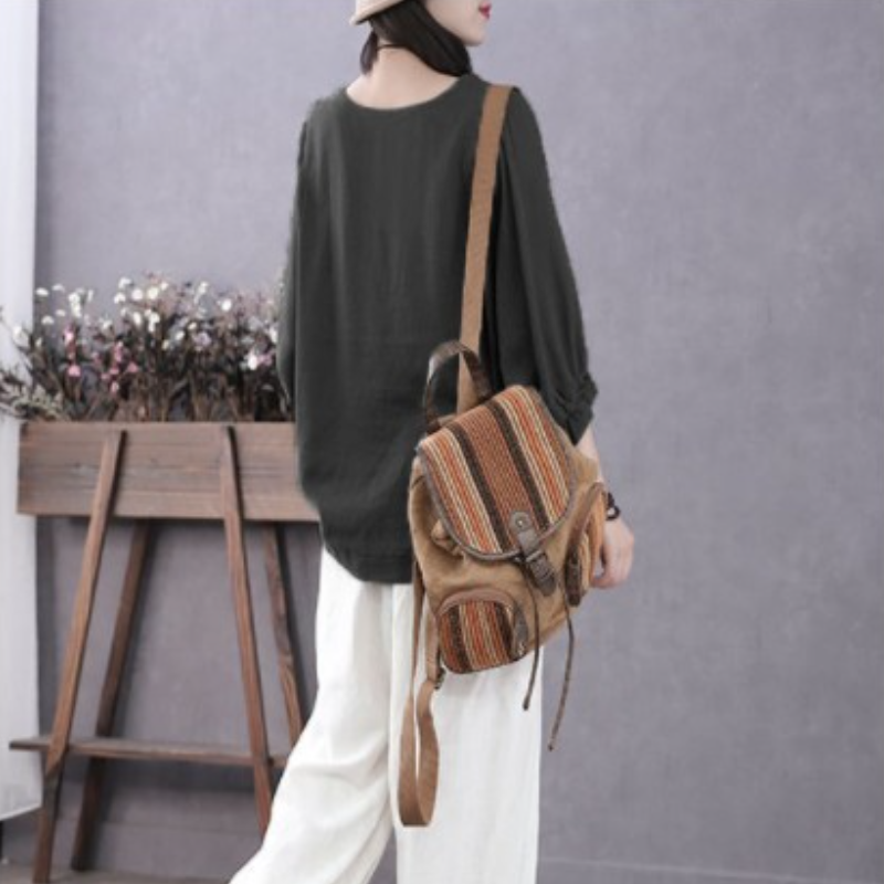 寬鬆五分袖上衣 春夏秋棉質 圓領縮口蓬袖 顯瘦百搭 外穿好搭