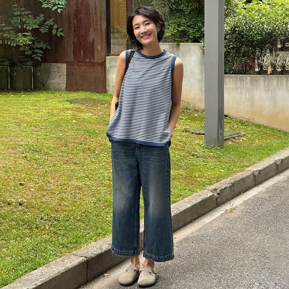 日系條紋無袖背心 圓弧下擺設計 寬鬆休閒上衣