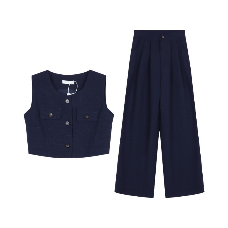 韓系兩件式套裝 無袖背心上衣＋寬褲 垂墜感 寬鬆顯瘦 外穿有型