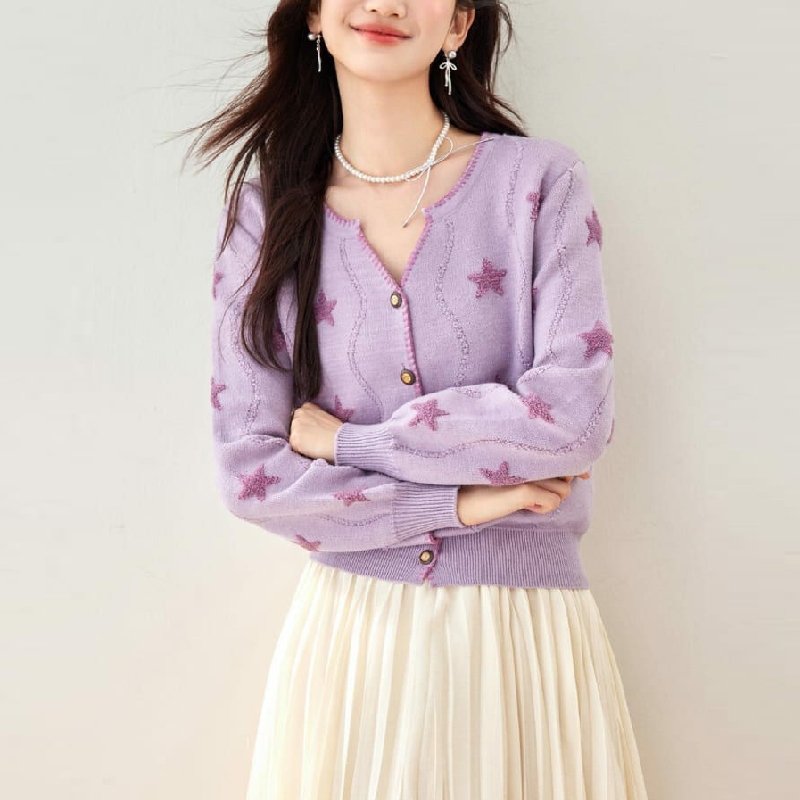 春秋溫柔紫圓領針織衫上衣