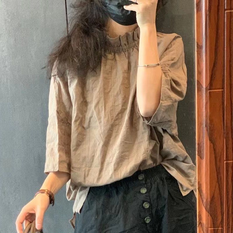 文青款​棉麻襯衫 雙面神級穿法 荷葉領文藝復古五分袖休閒上衣