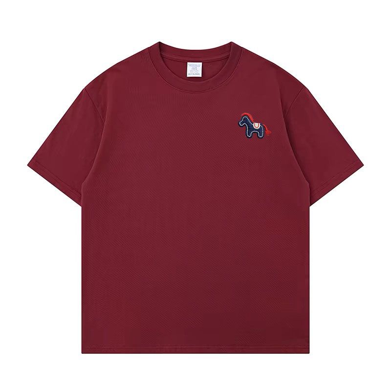 S-4XL純棉小馬刺繡短袖T恤 正版型簡約百搭酒紅上衣