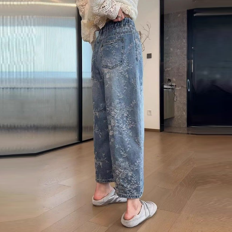 提花牛仔八分寬褲 復古寬鬆直筒 大尺碼友善 梨形身形推薦