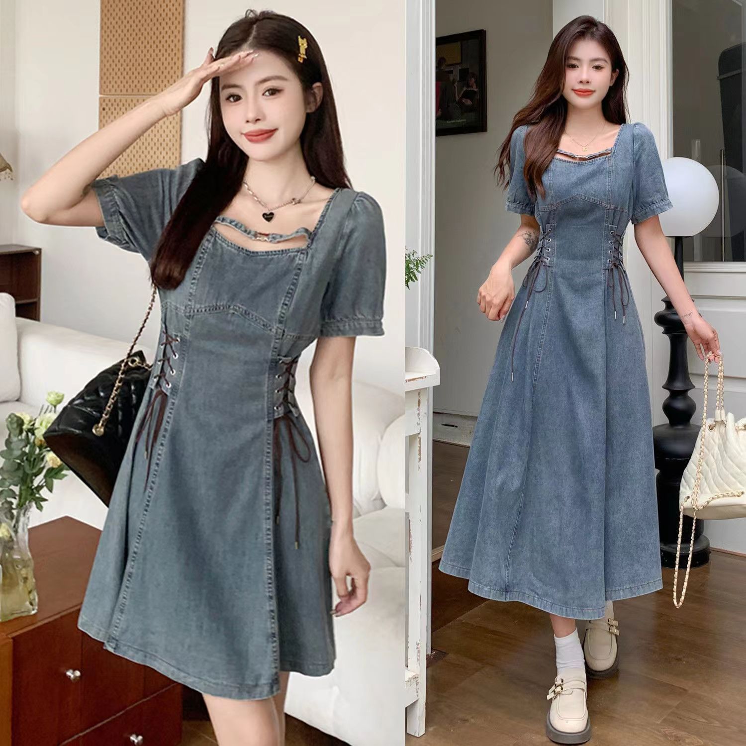 大尺碼法式復古牛仔洋裝｜側綁帶束腰 方領 收腰顯瘦（短版/長版可選）