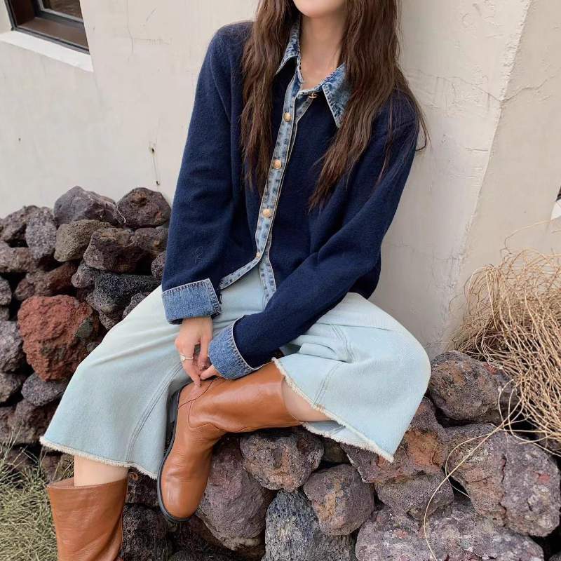 韓系牛仔拼接針織外套 厚磅質感 層次襯領設計