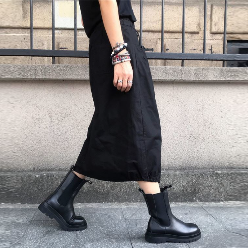 高腰鬆緊燈籠中長裙 春秋百搭 開衩設計 大尺碼友善M-4XL