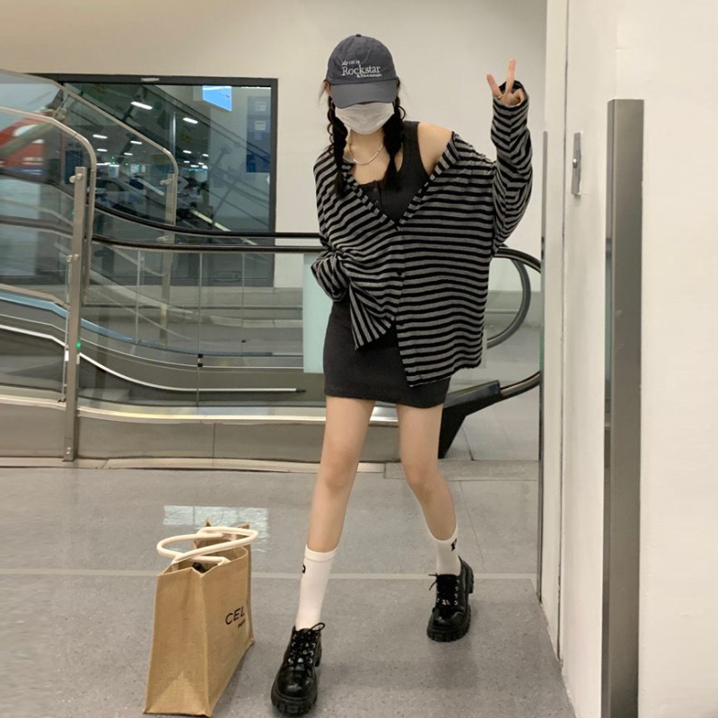 條紋針織開襟外套＋背心洋裝｜兩件式 甜辣風 修身顯瘦（長版／短版）