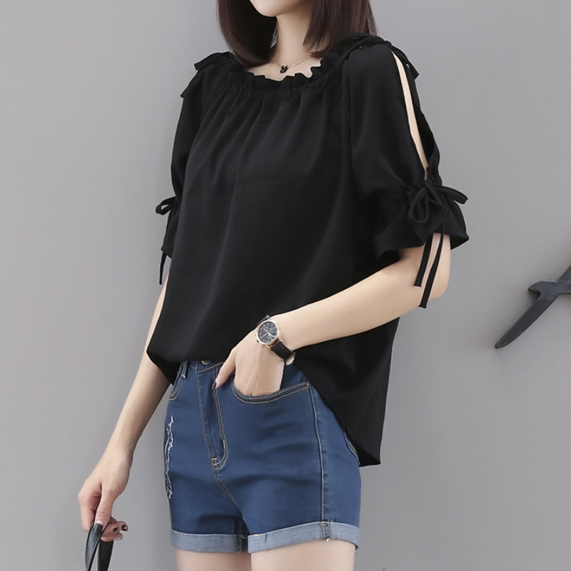 韓版繫帶鏤空寬鬆雪紡衫