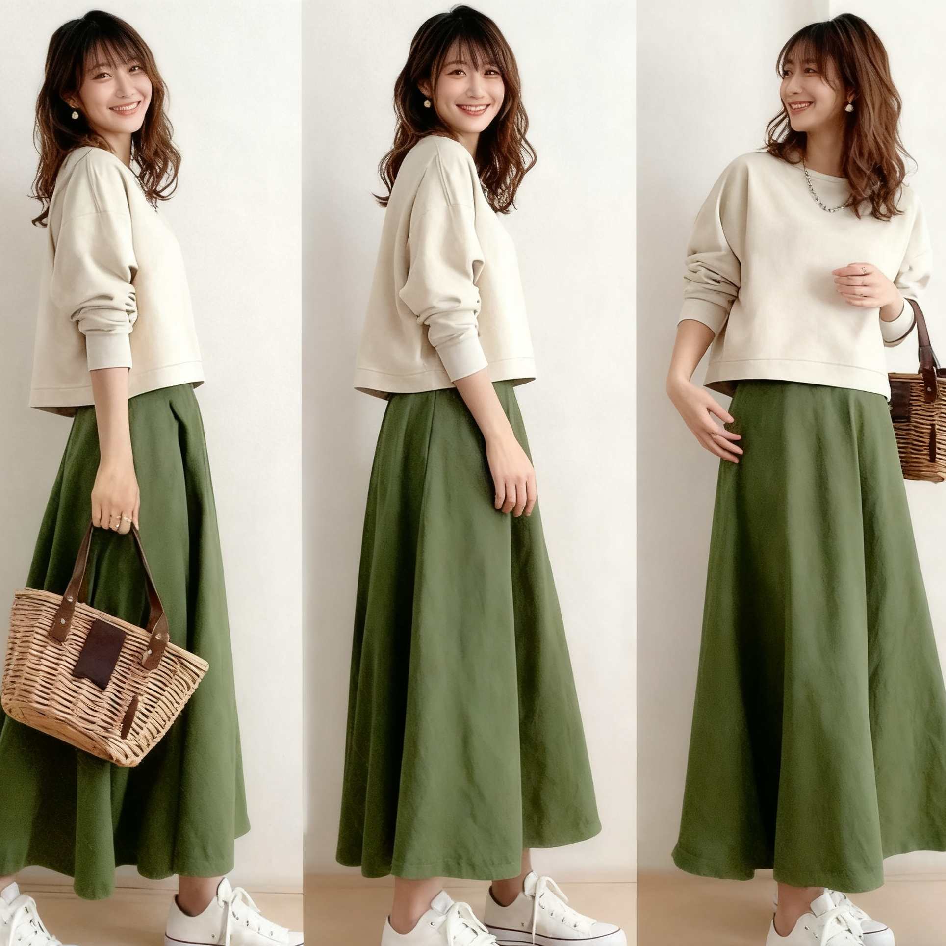 圓領長袖上衣×高腰中長裙 套装兩件式 春秋新款 清新顯瘦