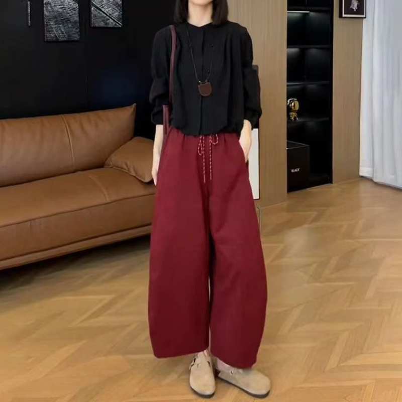 早秋兩件式套裝 圓領長袖上衣＋高腰寬褲 簡約顯瘦 成套穿搭