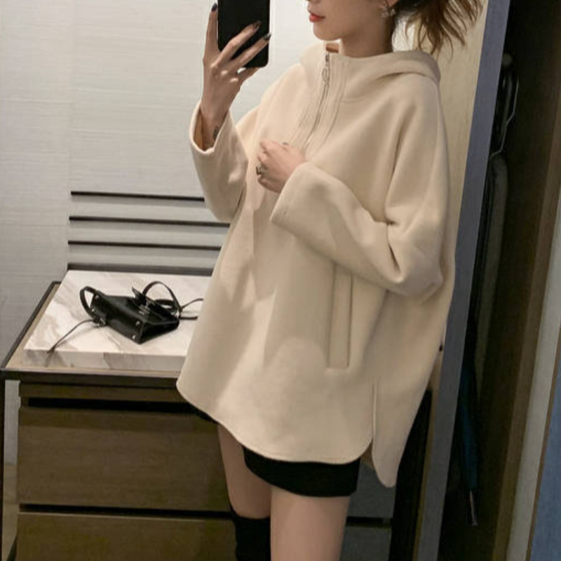 冬季韓系連帽帽T 寬鬆顯瘦拉鍊外套 設計感上衣