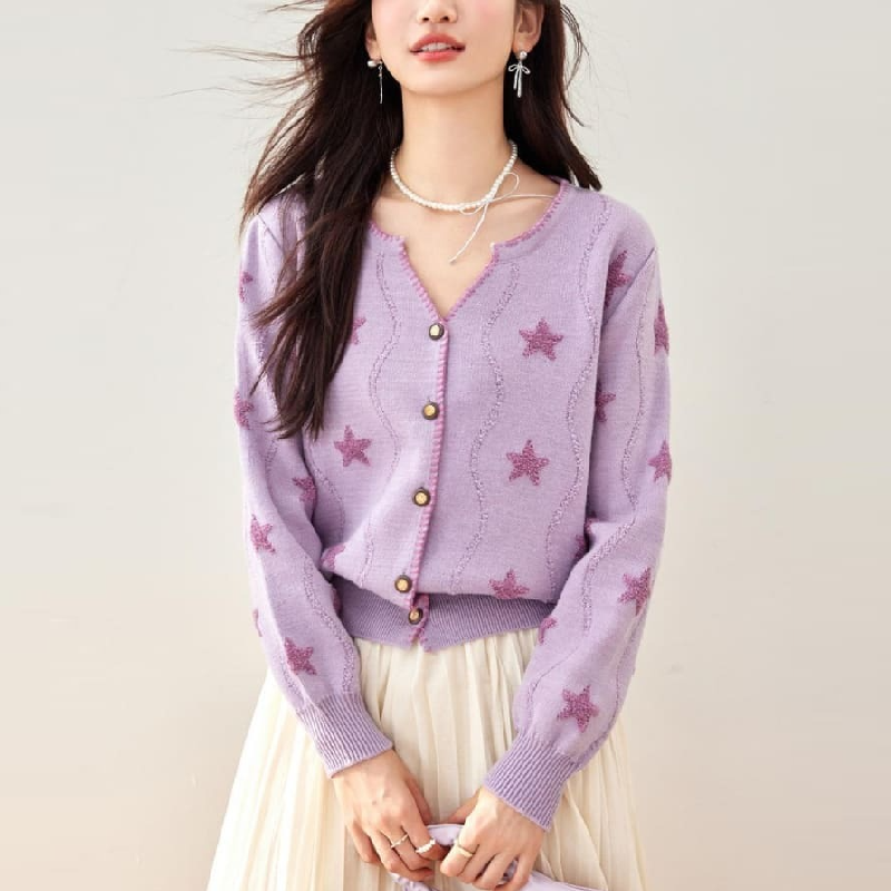 春秋溫柔紫圓領針織衫上衣