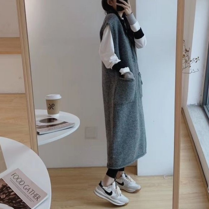 春秋寬鬆顯瘦系扣連身裙-百搭針織馬甲中長款洋裝