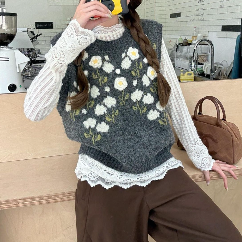 【單品可選】韓系提花針織背心+蕾絲拼接上衣 秋季寬鬆慵懶風背心 花卉刺繡設計