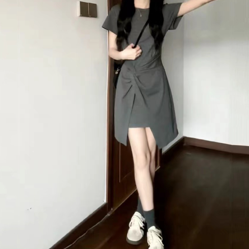 法式氣質收腰短袖連身裙 小眾設計圓領短裙