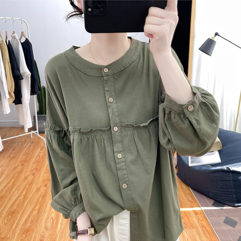 純棉燈籠袖襯衫 圓領排釦 荷葉邊拼接 寬鬆復古感