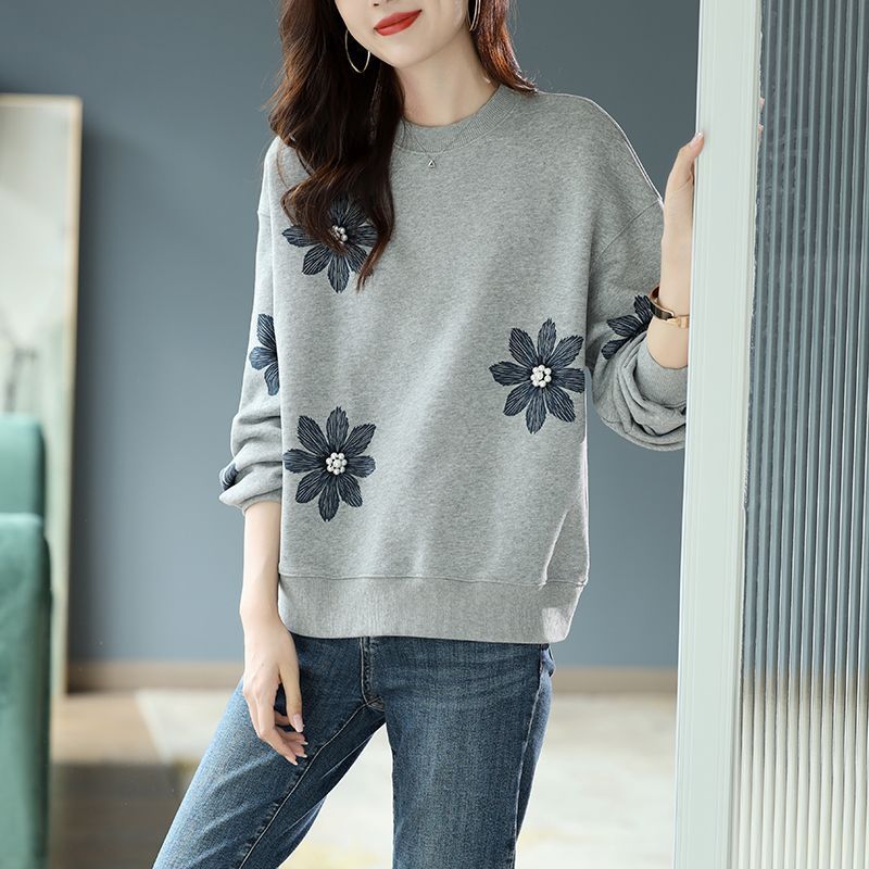 韓系印花大學T 圓領長袖 小花立體釘珠 設計感上衣