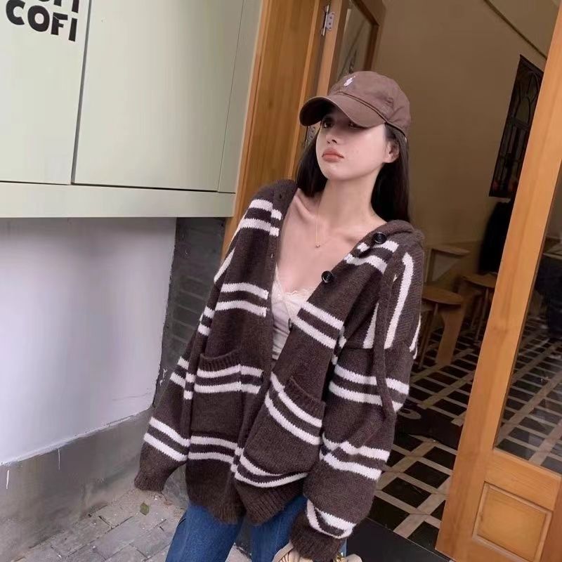 慵懶風條紋連帽針織外套 寬鬆剪裁 秋冬百搭款
