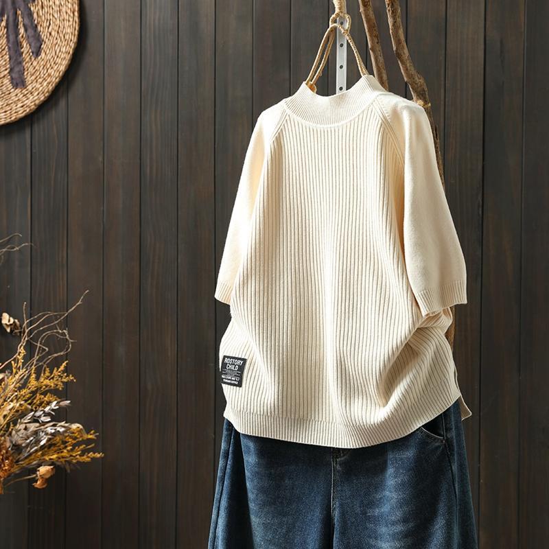 優雅韓版簡約多色半高領五分袖針織衫