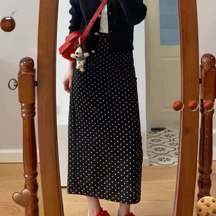 【單品可選】加大黑色小香風套裝 圓點洋裝＋針織開襟外套 兩件式成套 優雅顯瘦