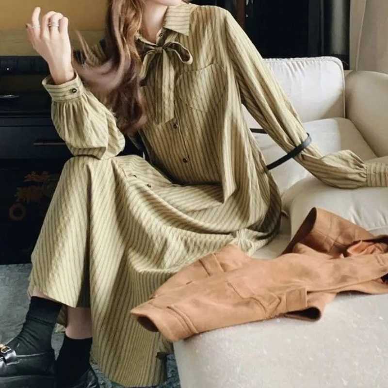 韓系條紋襯衫洋裝＋背心 兩件式套裝 長袖成套穿搭 設計感新款